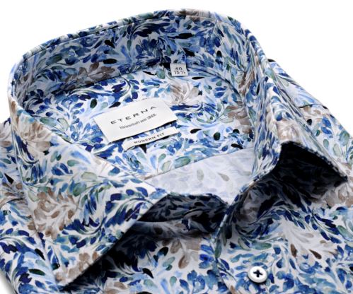 Eterna Modern Fit Twill – košeľa s modro-béžovým florálnym vzorom - krátky rukáv