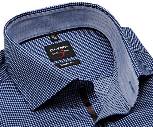 Olymp Level Five – tmavomodrá košile s vetkaným vzorem a světle modrým vnitřním límcem a manžetou