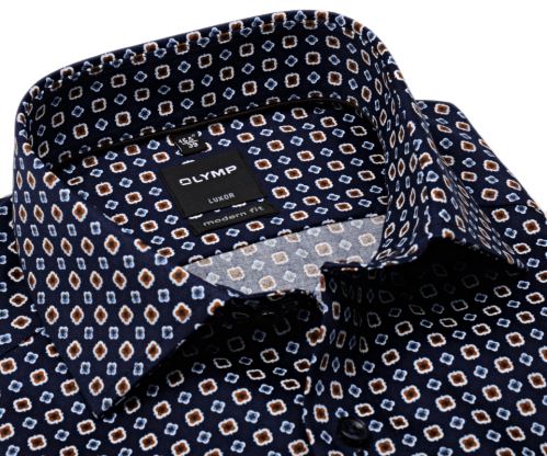 Olymp Modern Fit – tmavomodrá košile s béžovo-modrým vzorem - prodloužený rukáv