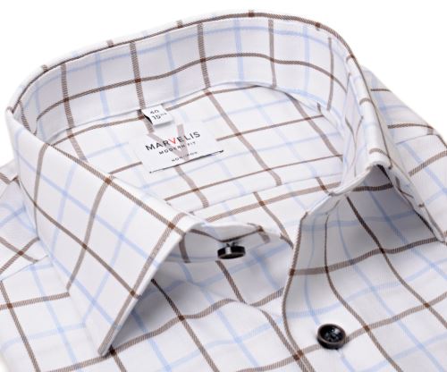 Marvelis Modern Fit Twill – luxusní košile s hnědou a světle modrou kostkou - prodloužený rukáv