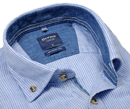 Olymp Casual Modern Fit  – lněná košile se světle modrým proužkem - krátký rukáv