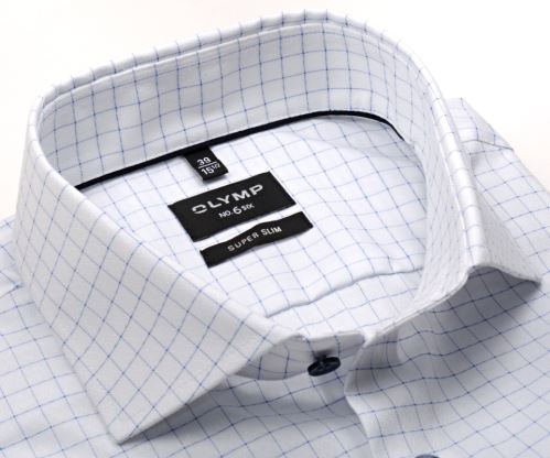 Olymp Super Slim – bílá košile s vetkaným vzorem a světle modrou kostičkou