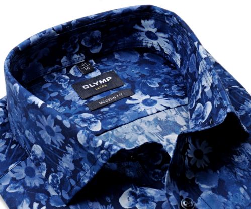 Olymp Modern Fit – dizajnová košeľa s modro-bielym kvetinovým vzorom - krátký rukáv