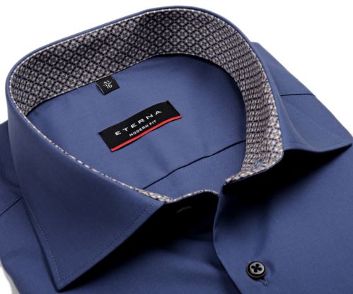 Eterna Modern Fit – kovovo modrá košeľa s béžovo-modrým vnútorným golierom - extra predĺžený rukáv