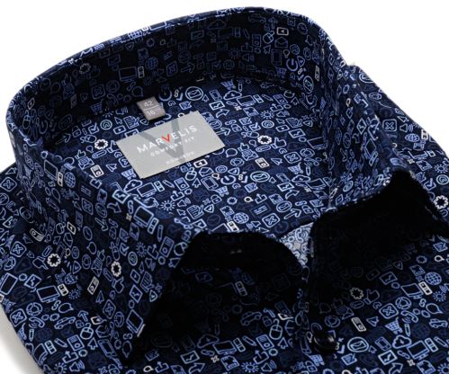 Marvelis Comfort Fit – dizajnová tmavomodrá košeľa s modro-bielymi symbolmi