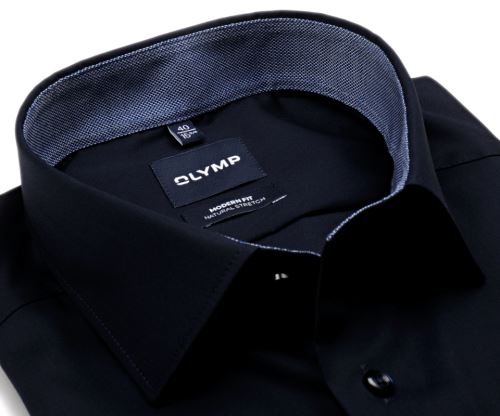 Olymp Modern Fit Natural Stretch – tmavomodrá košile s modrým vnitřním límcem a manžetou