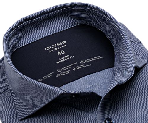 Olymp Modern Fit 24/Seven – elastická košeľa s tmavomodrými vertrikálnymi prúžkami - krátky rukáv