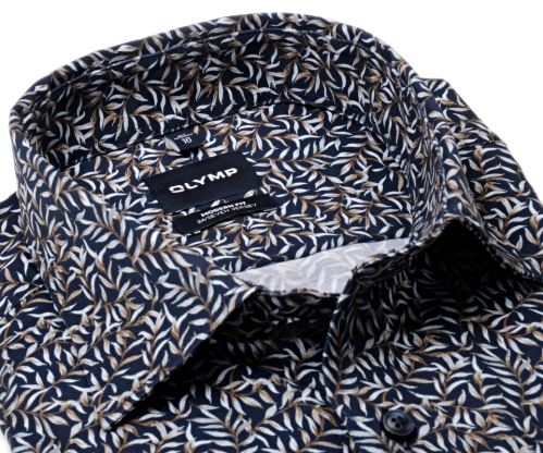 Olymp Modern Fit 24/Seven Jersey – luxusní elastická tmavomodrá košile s béžovým vzorem lístků Olymp Modern Fit 24/Seven Jersey – luxusní elastická tmavomodrá košile s béžovým vzorem lístků