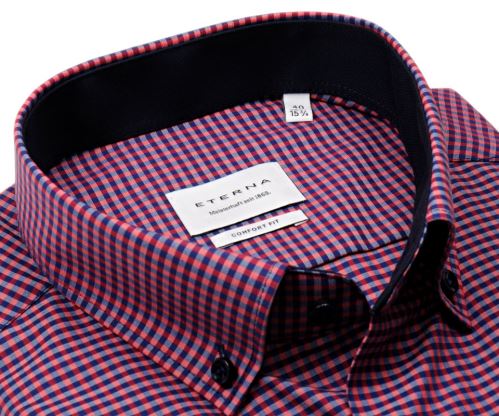 Eterna Comfort Fit – košeľa s červeno-modrým károm s vnútorným golierom a manžetou