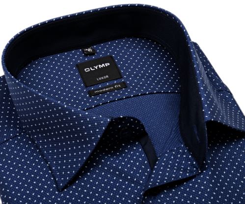 Olymp Modern Fit – modrá košeľa s votkaným vzorom a bielymi znamienkami