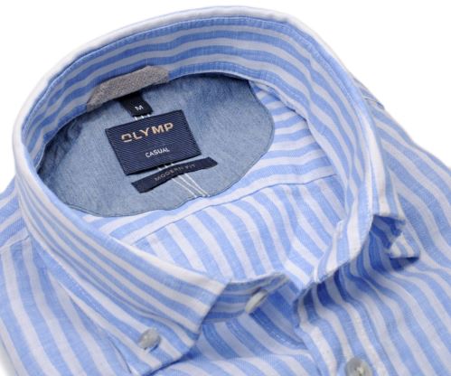 Olymp Casual Modern Fit  – ľanová košeľa so svetlomodrým prúžkom - krátky rukáv