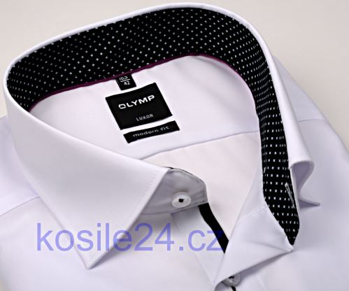 Olymp Luxor Modern Fit  – bílá košile s černo-bílým vnitřním límcem, manžetou a légou