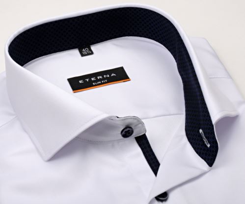 Eterna Slim Fit Twill Cover - luxusní bílá neprůhledná košile s tmavomodrým vnitřním límcem