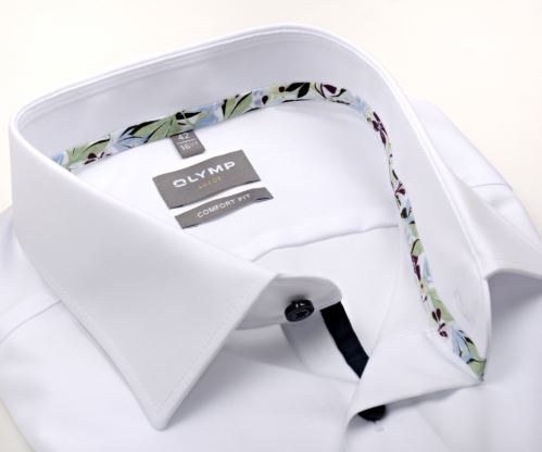 Olymp Luxor Comfort Fit – biela košeľa s farebným florálnym vnútorným golierom a manžetou