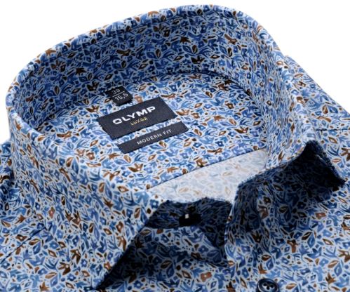 Olymp Modern Fit – košile s béžovo-modrým kytičkovým vzorem