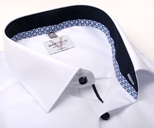 Marvelis Modern Fit – bílá košile s kostičkovaným vnitřním límcem tmavomodrou manžetou - prodloužený rukáv Marvelis Modern Fit – bílá košile s kostičkovaným vnitřním límcem tmavomodrou manžetou - prodloužený rukáv