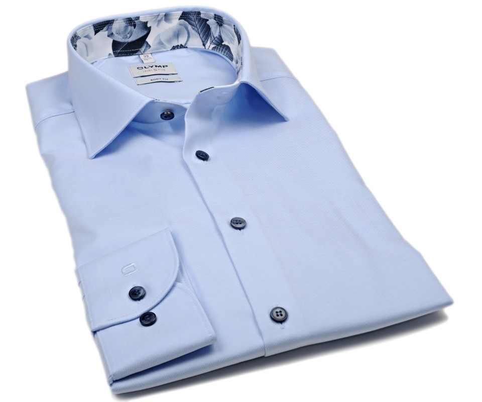 Světle modrá body fit košile Olymp Twill modro-bílý květovaný límec