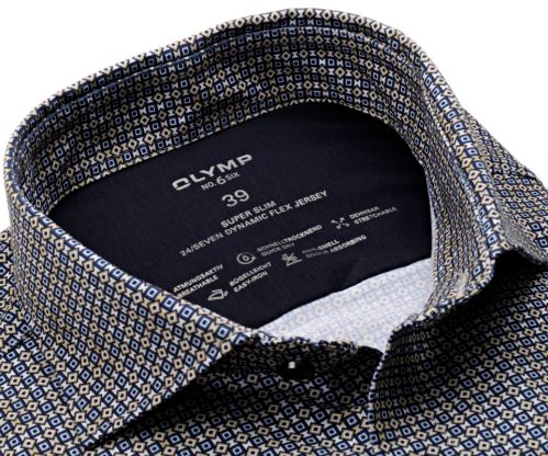 Olymp Super Slim 24/Seven – luxusná elastická košeľa s modro-béžovým vzorom