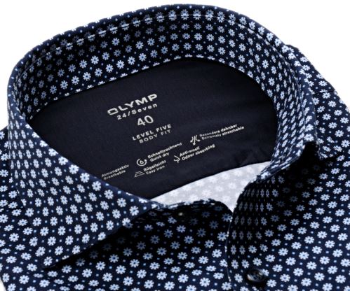 Olymp Level Five 24/Seven – luxusná elastická tmavomodrá košeľa so svetlým vzorom - predĺžený rukáv