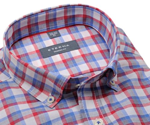 Eterna Comfort Fit – červeno-modrá károvaná košile s příměsí lnu - krátký rukáv