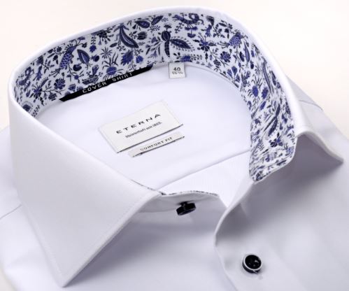 Eterna Comfort Fit Twill Cover - luxusná biela nepriehľadná košeľa s modrým kvetinovým vnútorným golierom