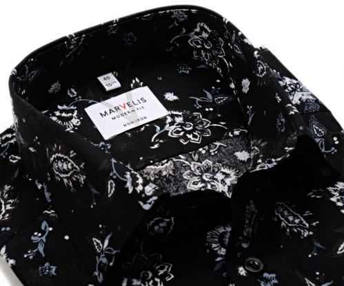 Marvelis Modern Fit – designová černá košile s květinovým vzorem