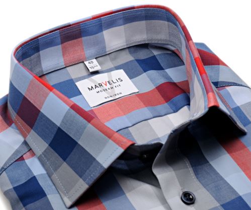 Marvelis Modern Fit – košile s červeno-modro-šedým kárem - krátký rukáv