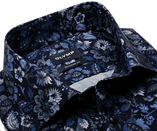 Olymp Modern Fit – tmavomodrá dizajnová košeľa s kvetinovým vzorom - predĺžený rukáv