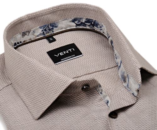 Venti Modern Fit – béžová košile s květinovým vnitřním límcem a manžetou Venti Modern Fit – béžová košile s květinovým vnitřním límcem a manžetou