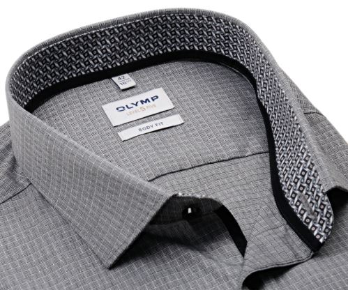 Olymp Level Five – šedá košile s vetkaným vzorem a vnitřním límcem - prodloužený rukáv