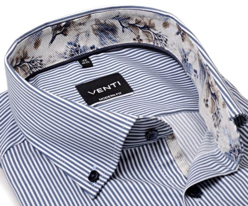 Venti Modern Fit Twill – košile s tmavomodrým proužkem a květinovým vnitřním límcem a manžetou Venti Modern Fit Twill – košile s tmavomodrým proužkem a květinovým vnitřním límcem a manžetou