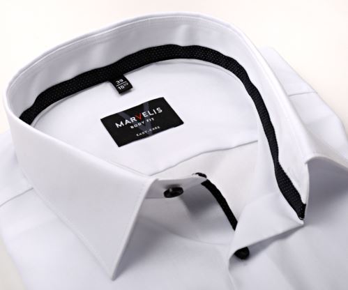 Marvelis Body Fit – biela košeľa s čiernym vnútorným golierom a légou - predĺžený rukáv