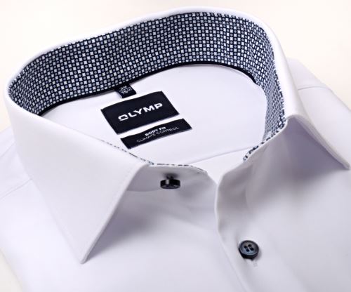 Olymp Level Five Climate Control – bílá košile s čtverečkovaným vnitřním límcem a manžetou - prodloužený rukáv