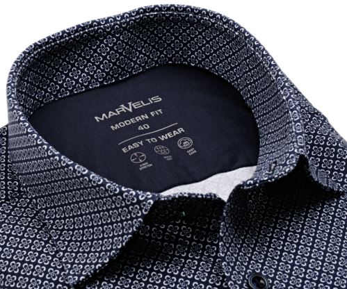 Marvelis Modern Fit Jersey – elastická tmavomodrá košile s bílým vzorem - krátký rukáv