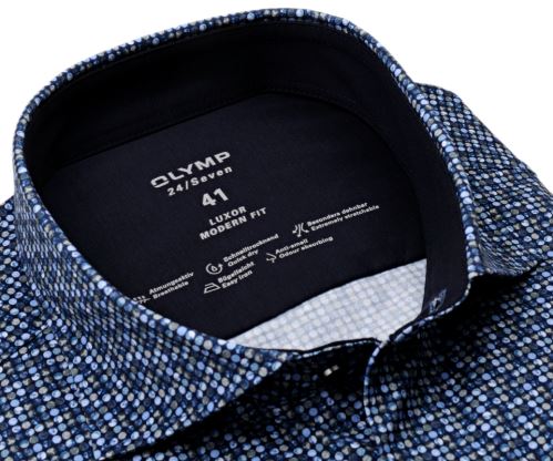 Olymp Modern Fit 24/Seven – luxusná elastická košeľa s modro-béžovými kolieskami - krátky rukáv