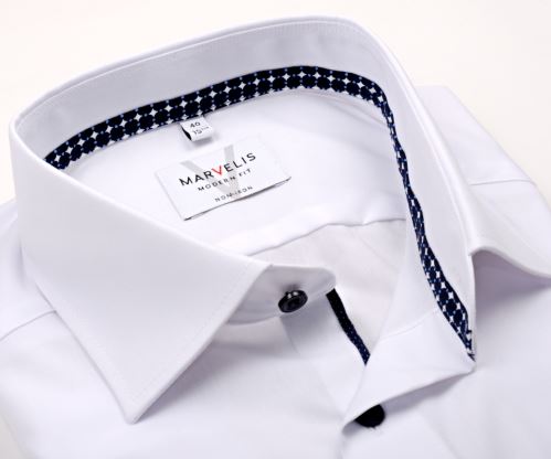 Marvelis Modern Fit – biela košeľa s tmavomodrým vnútorným golierom s bielymi kosoštvorčekmi - predĺžený rukáv