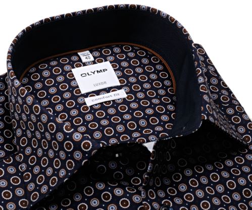Olymp Comfort Fit – tmavomodrá košile s hnědo-bílými kolečky