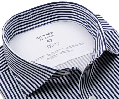 Olymp Level Five 24/Seven – luxusná elastická košeľa s tmavomodrým prúžkom