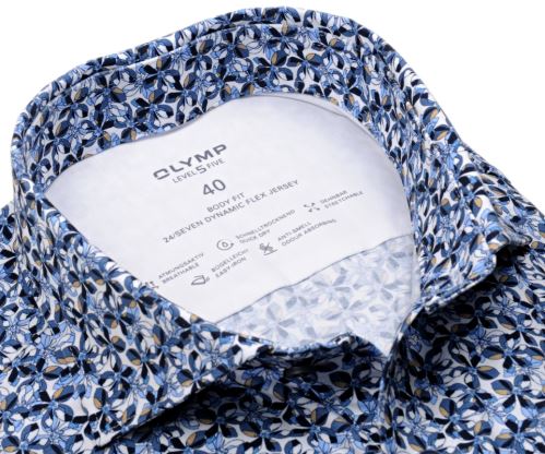Olymp Level Five 24/Seven – luxusní elastická košile s modro-béžovým vzorem lístků - krátký rukáv