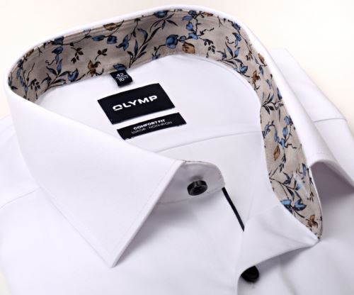 Olymp Comfort Fit – biela košeľa s béžovým vnútorným golierom a manžetou s kvetinovým vzorom Olymp Comfort Fit – biela košeľa s béžovým vnútorným golierom a manžetou s kvetinovým vzorom