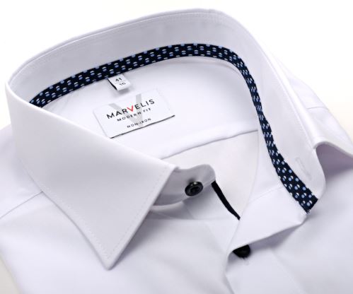 Marvelis Modern Fit – biela košeľa s modro-bielym vnútorným golierom a manžetou - predĺžený rukáv