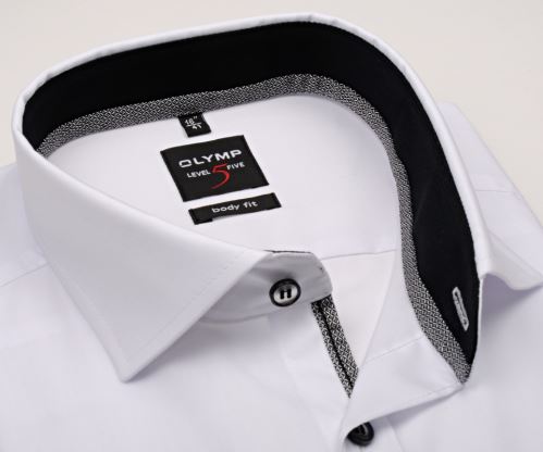 Olymp Level Five – biela košeľa s čiernym vnútorným golierom a manžetou - predĺžený rukáv