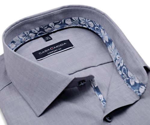 Casa Moda Comfort Fit Premium – sivo-modrá košeľa s kvetinovým vnútorným golierom a manžetou
