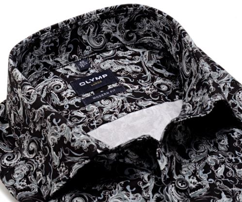 Olymp Modern Fit – luxusná čierna košeľa s abstraktným kvetinovým vzorom