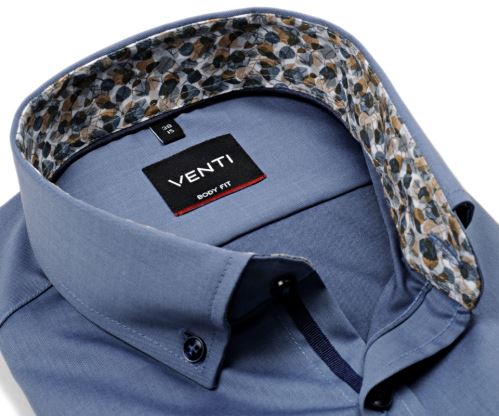 Venti Body Fit – kovově modrá košile s hnědo-modrým vnitřním límcem a manžetou