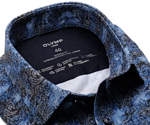 Olymp Modern Fit 24/Seven – luxusná elastická dizajnová modro-čierna košeľa s vzorom paisley
