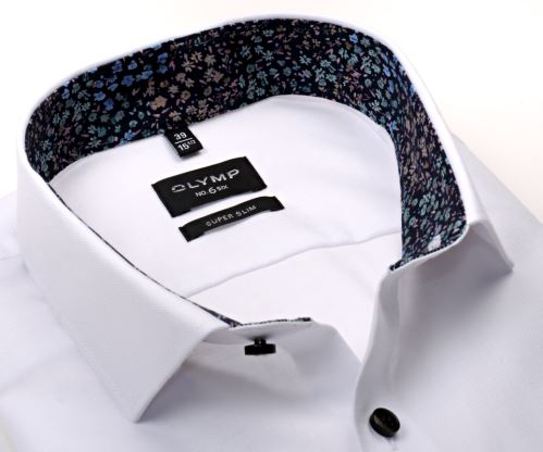 Olymp Super Slim – biela košeľa so štruktúrou a kvetinovým vnútorným golierom a manžetou - predĺžený rukáv