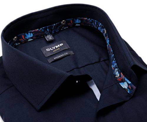 Olymp Luxor Modern Fit – tmavomodrá košile s barevným květinovým vnitřním límcem - prodloužený rukáv