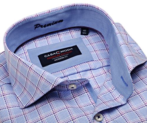 Casa Moda Modern Fit Premium – luxusní světle modrá košile s vetkanou fialovo-růžovou kostkou - extra prodloužený rukáv