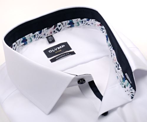 Olymp Luxor Modern Fit – bílá košile s barevným květinovým vnitřním límcem - krátký rukáv